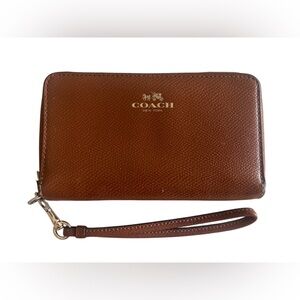 Coach Tan Brown Leather Zip Wristlet with Gold Logo